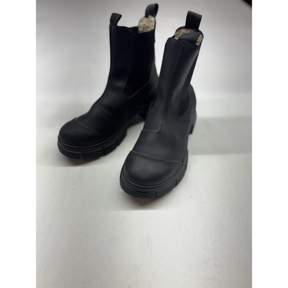 Ganni Recycled Rubber City Chelsea Boots Black Size 38 US 8 Womens Fur Lined - Picture 1 of 5